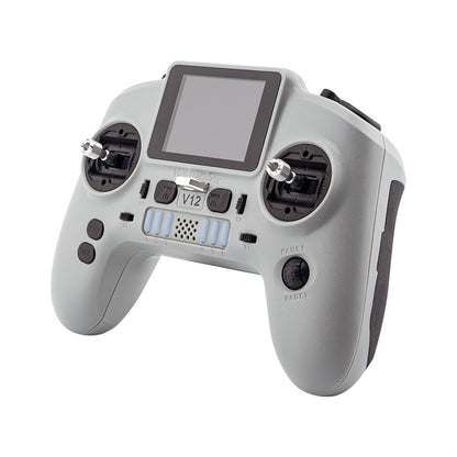 Angled front view of HelloRadioSky V12 transmitter showing screen bezel, dual gimbals, and front buttons
