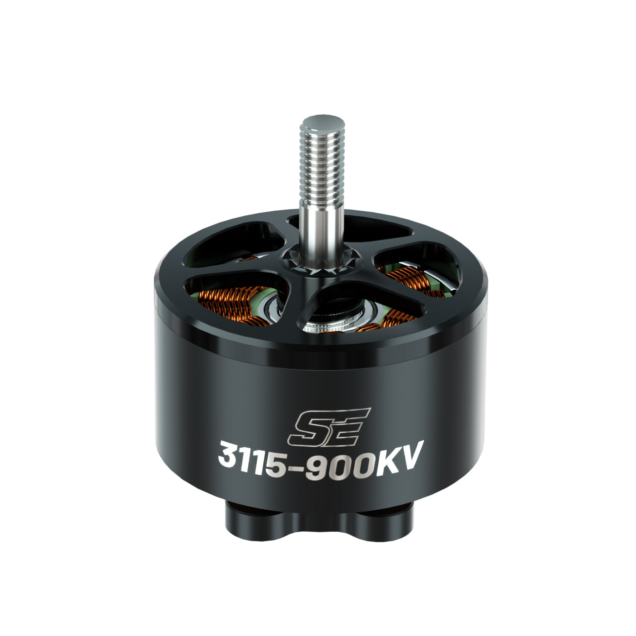 BrotherHobby SE 3115 900KV Motor, BrotherHobby SE 3115-900KV brushless drone motor with black can, exposed copper windings, and threaded shaft
