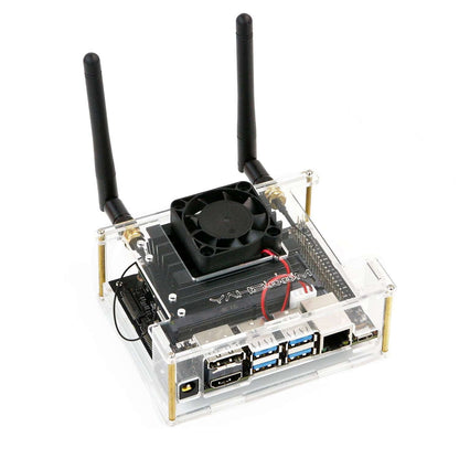 Jetson Nano Acrylic Case assembled with cooling fan and dual antennas, clear acrylic enclosure with port access