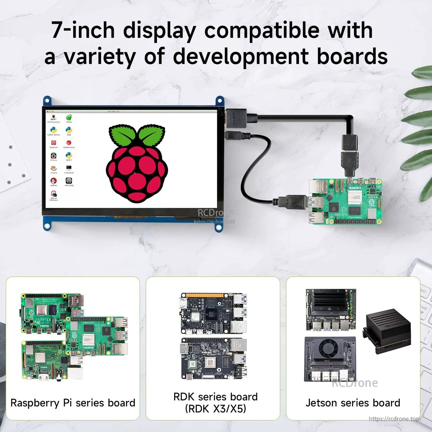7-inch display connected to a development board, showing compatibility graphic for Raspberry Pi, RDK and Jetson