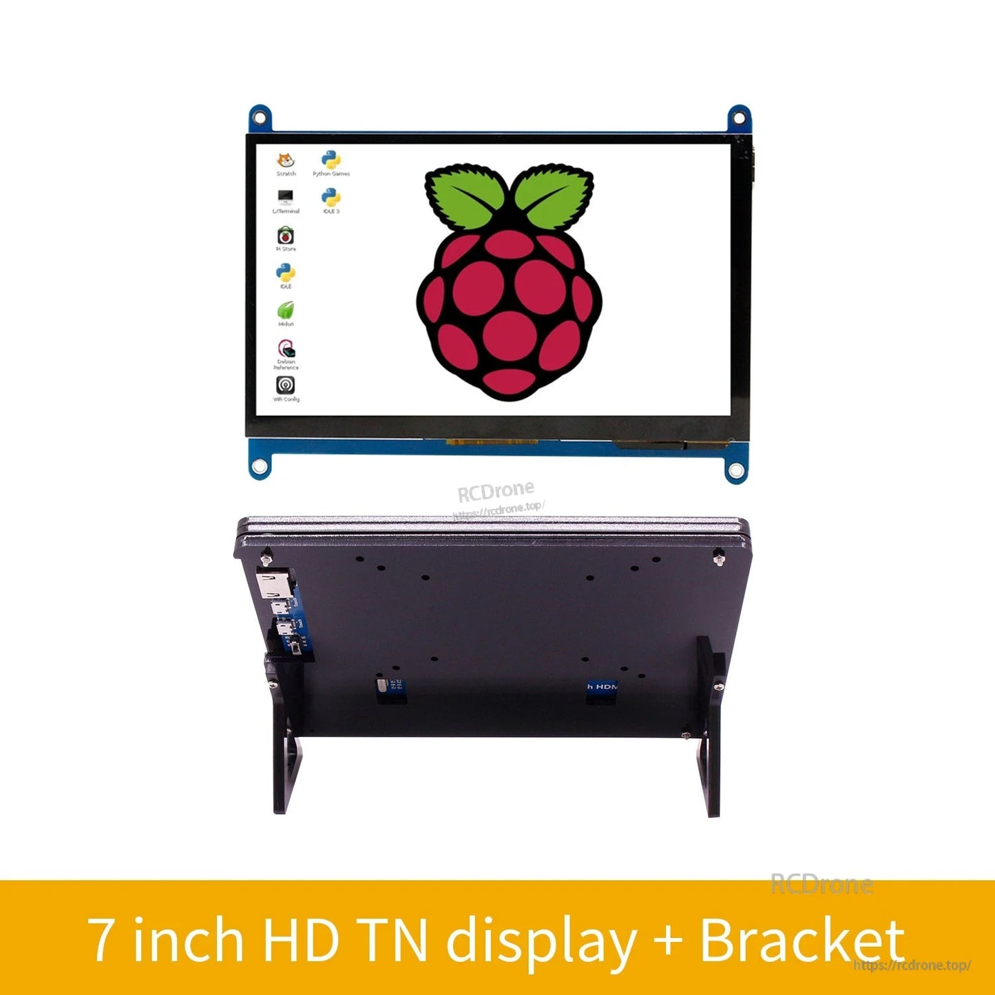 7 inch HD TN display with metal bracket, front and rear views