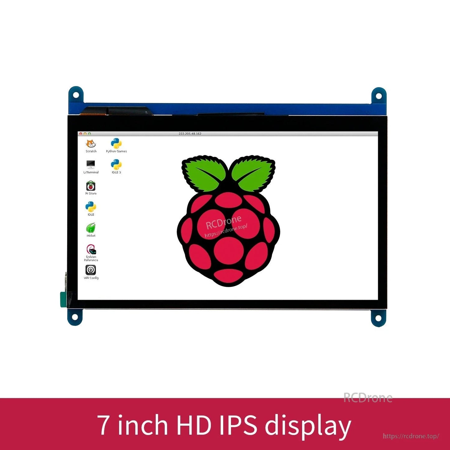 7 inch HD IPS display front view with Raspberry Pi desktop on screen