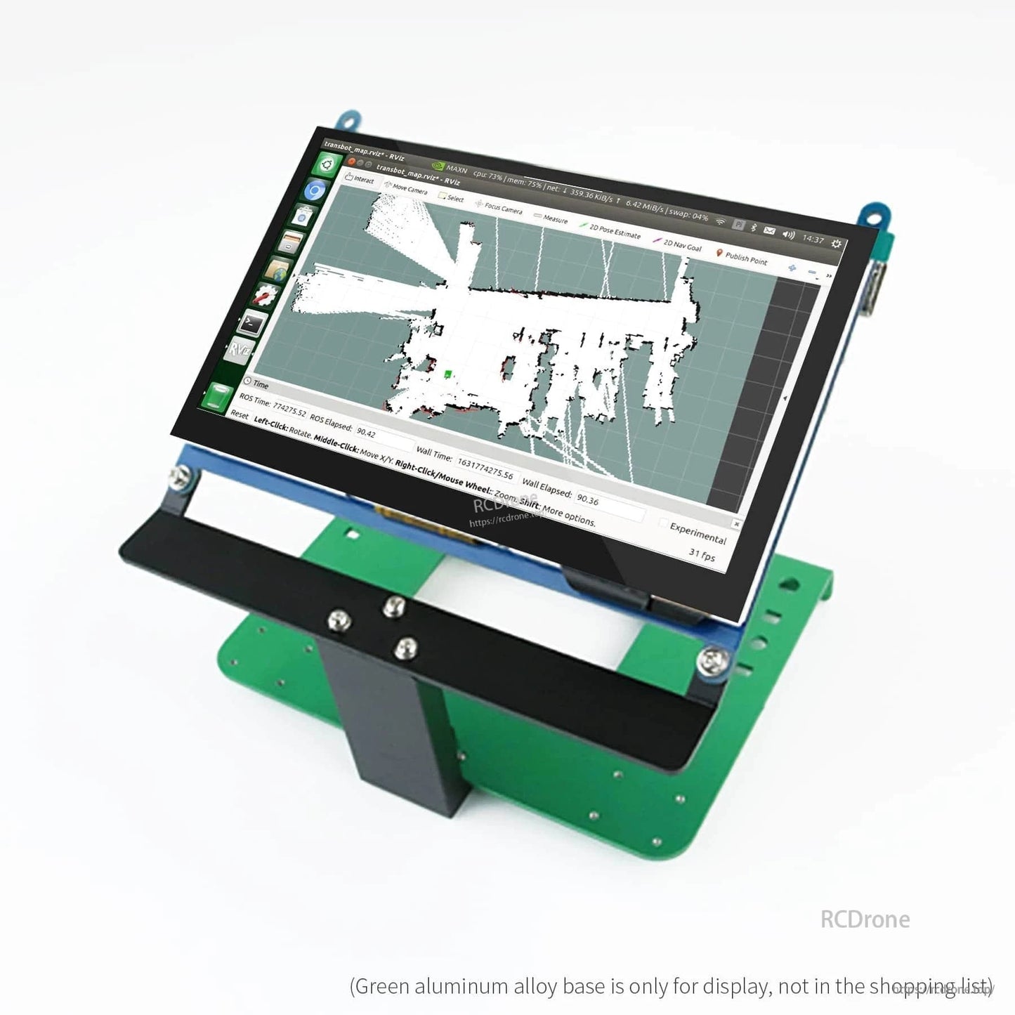 Angled view of 7-inch display mounted on metal bracket stand, showing tilt and mounting screws