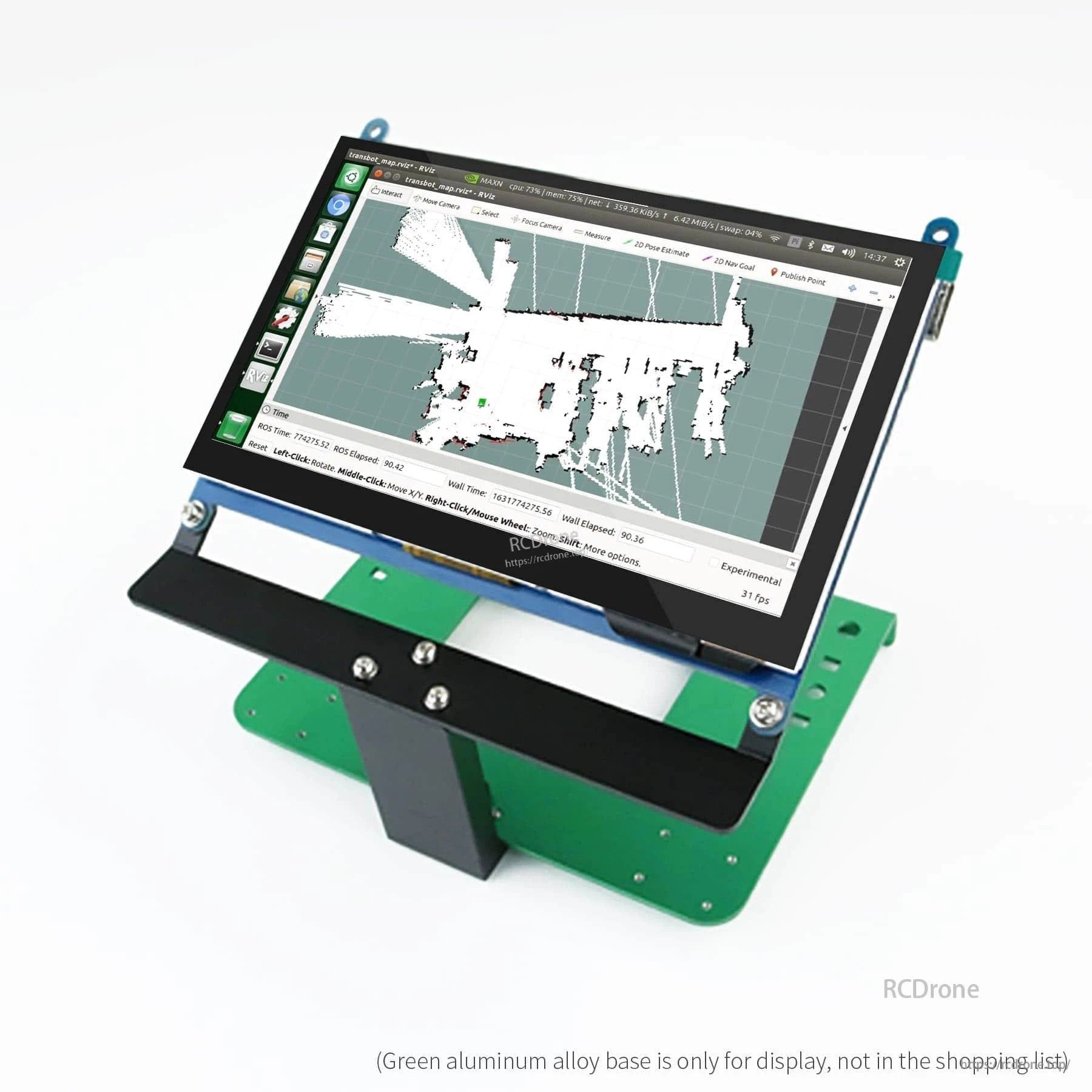 Angled view of 7-inch display mounted on metal bracket stand, showing tilt and mounting screws