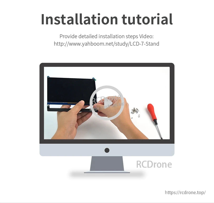 Installation tutorial preview with hands assembling the screen stand and screws on a work surface