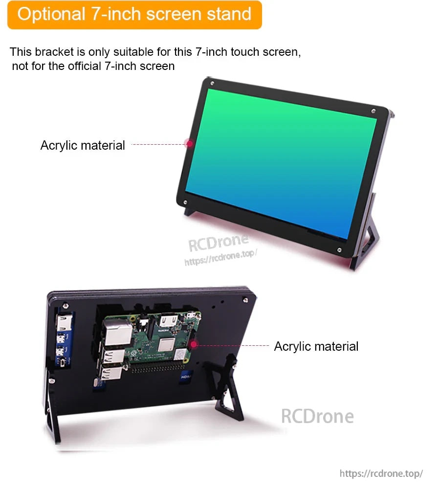 Optional acrylic stand for the 7-inch touch screen, showing front view and rear mounting position