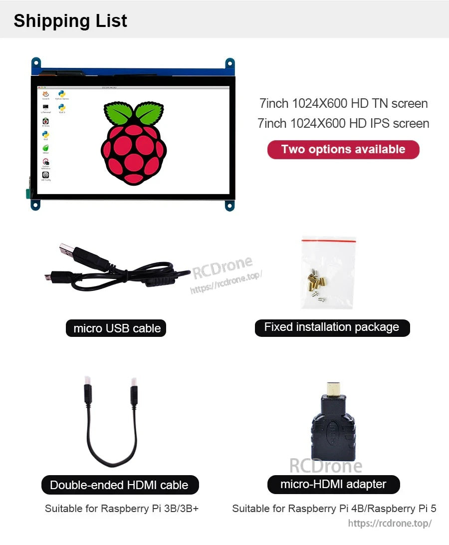 Package contents for the 7-inch 1024x600 touch screen: display, micro USB cable, HDMI cable, micro-HDMI adapter, screws