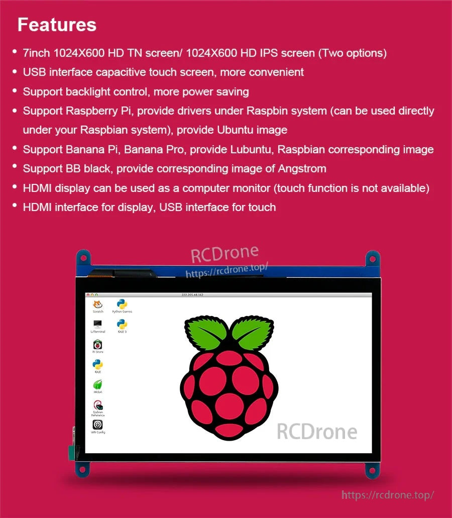 Features list for 7-inch 1024x600 touch screen: HDMI display, USB touch, backlight control, multi-board support