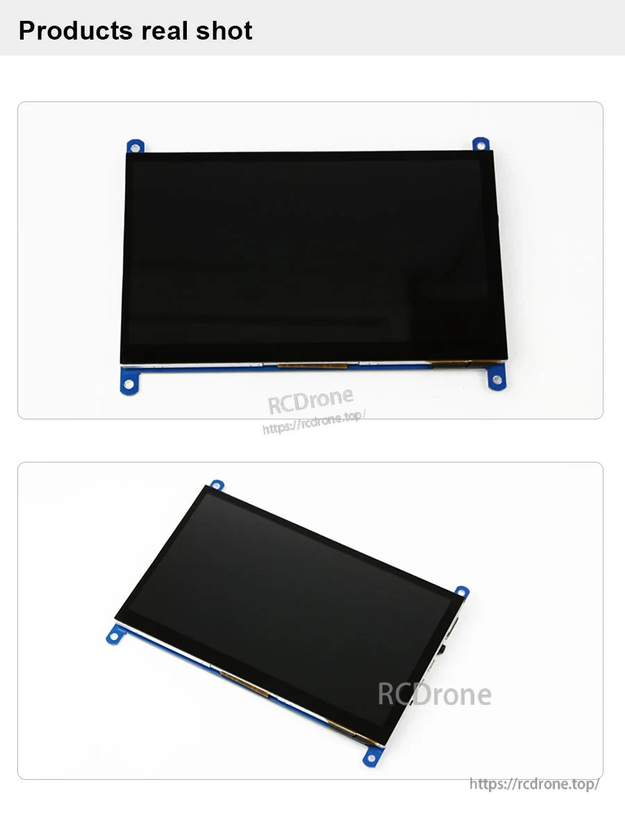 Real product photos of the 7-inch capacitive touch screen module showing front glass and mounting tabs