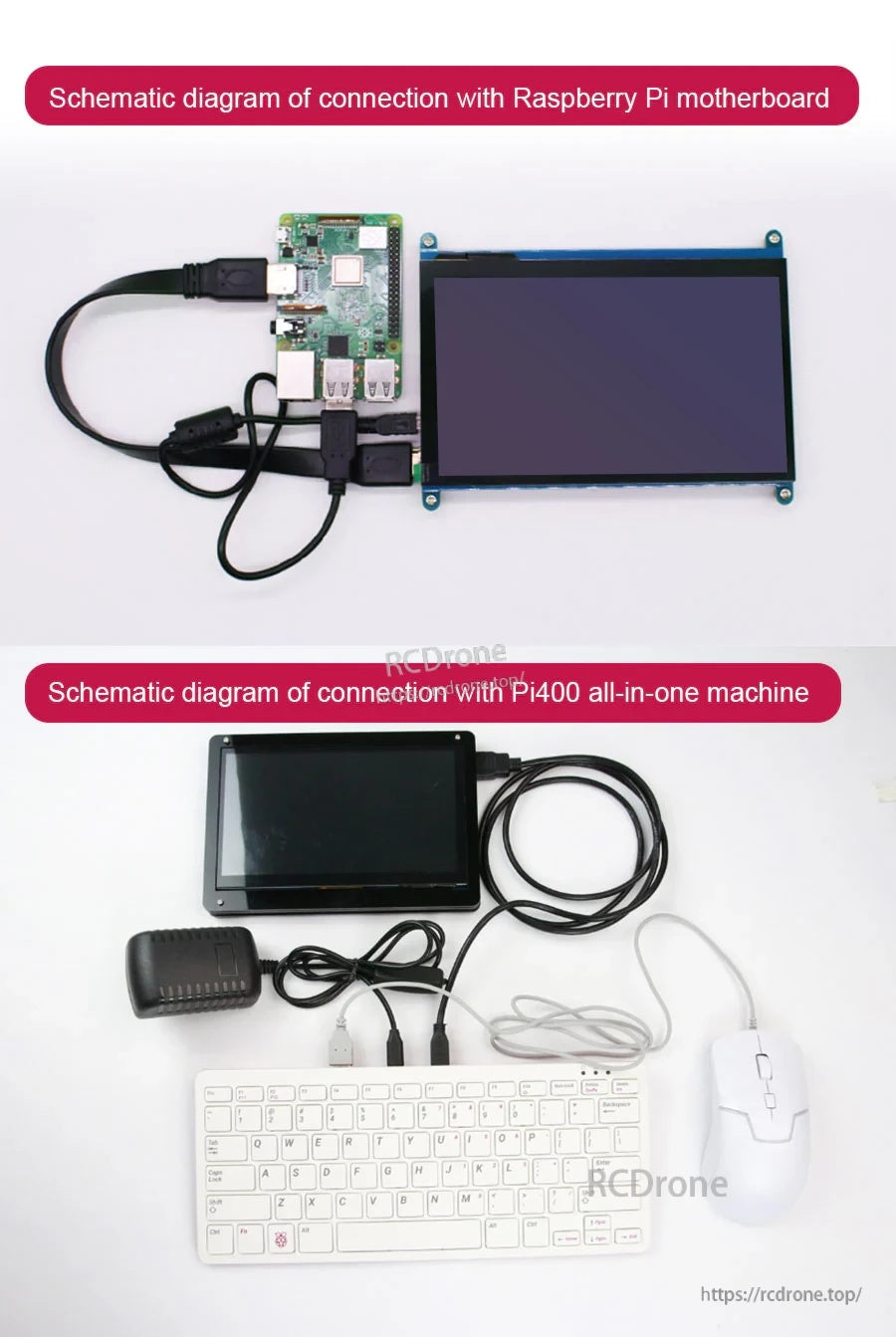 Wiring examples showing HDMI + USB touch connections to a Raspberry Pi motherboard and a Pi400 setup