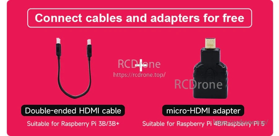 Included connection accessories: double-ended HDMI cable and micro-HDMI adapter for Raspberry Pi models