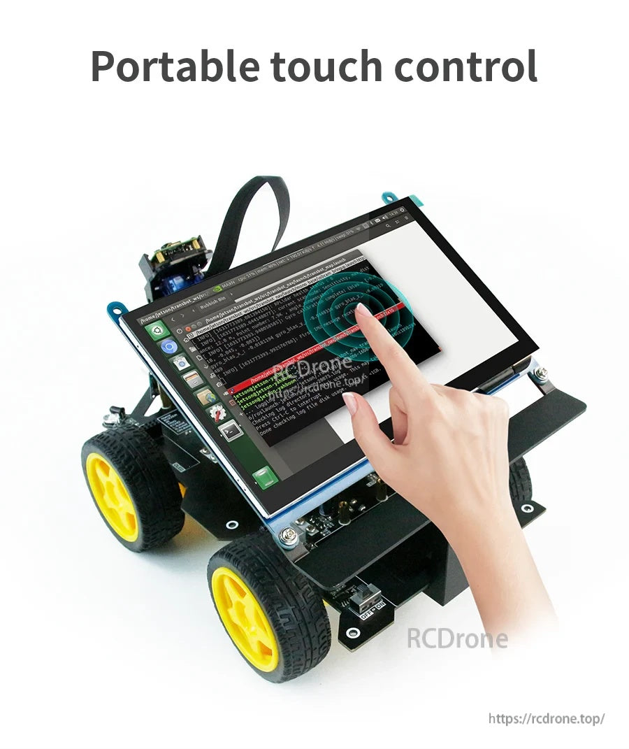 Touchscreen control on a small smart car using the angled 7-inch display bracket for portable operation