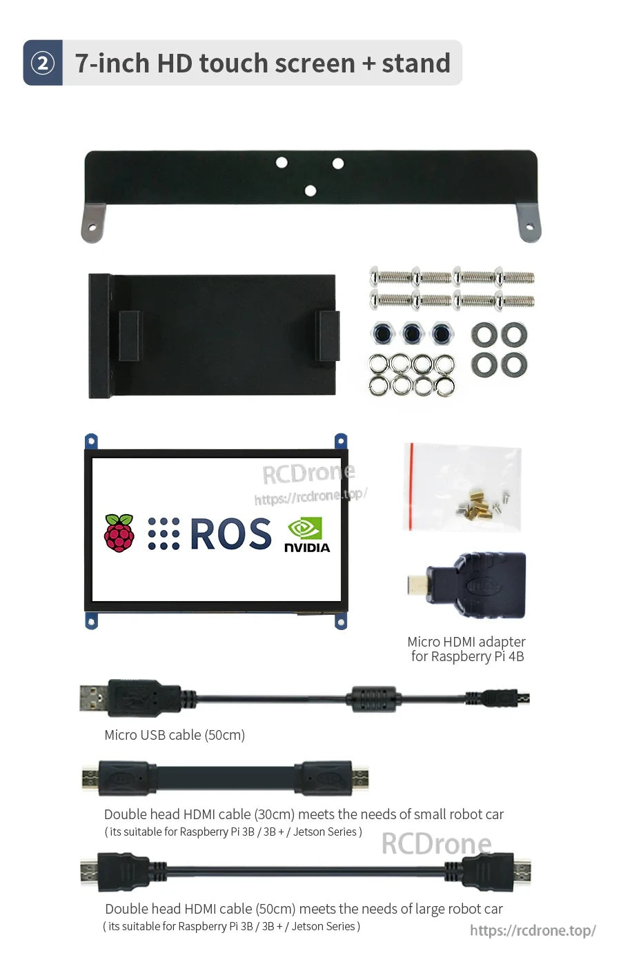Bracket + 7-inch HD touch screen bundle with stand, cables, and micro HDMI adapter for Raspberry Pi 4B