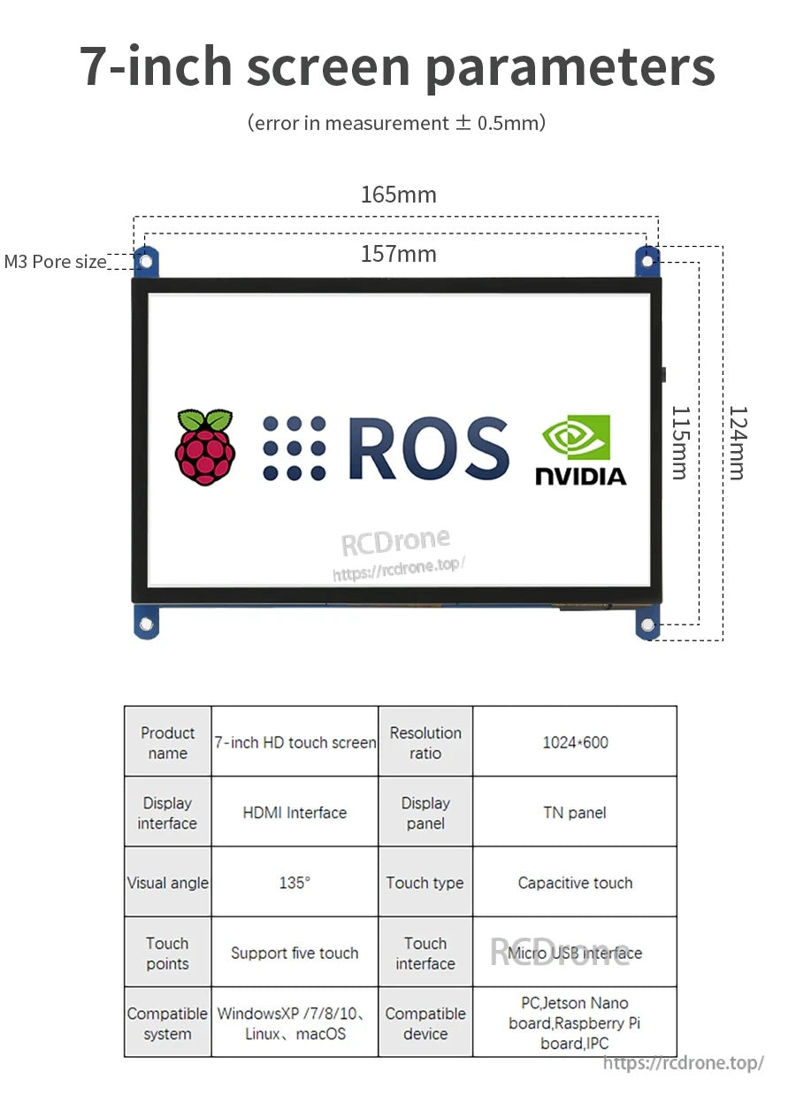 7-inch touchscreen parameters and mounting size reference, including 165×124 mm outer size and 157×115 mm inner