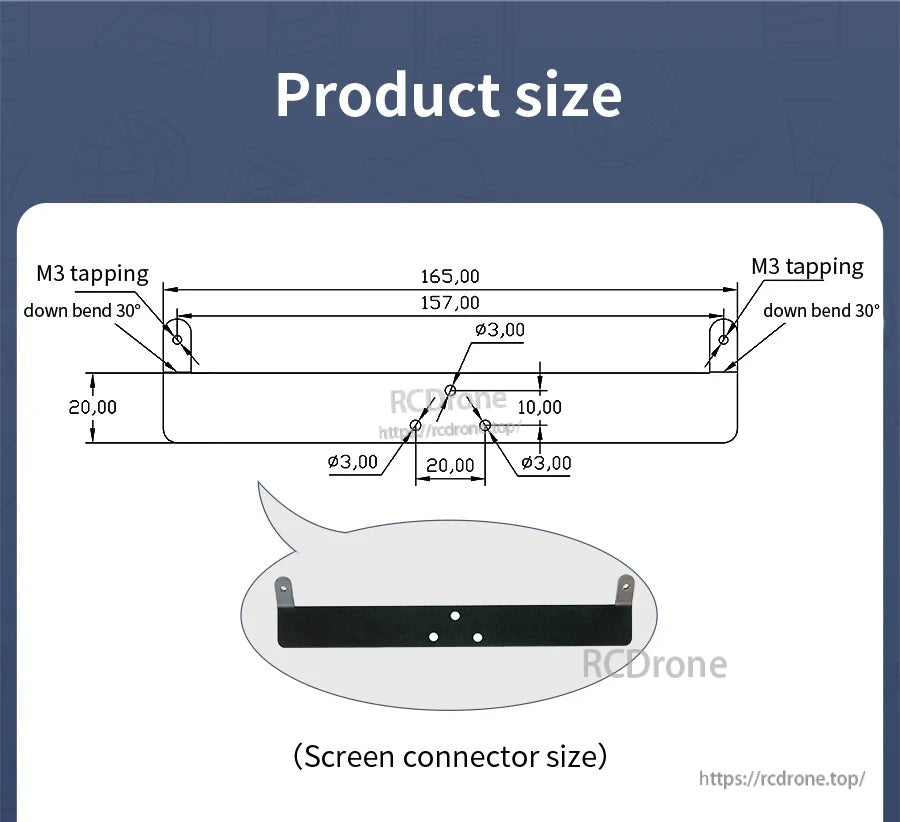 Mechanical drawing of screen connector bracket: 165 mm length, 157 mm inner length, M3 tapping, 30° bends