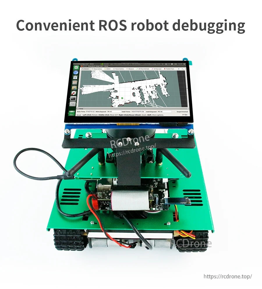 Robot debugging setup with 7-inch display screen mounted on stand atop a tracked chassis