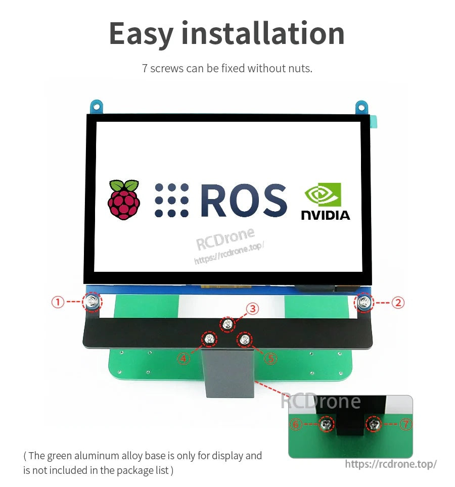 Front view of 7-inch screen stand with seven screw mounting points for fast installation without nuts