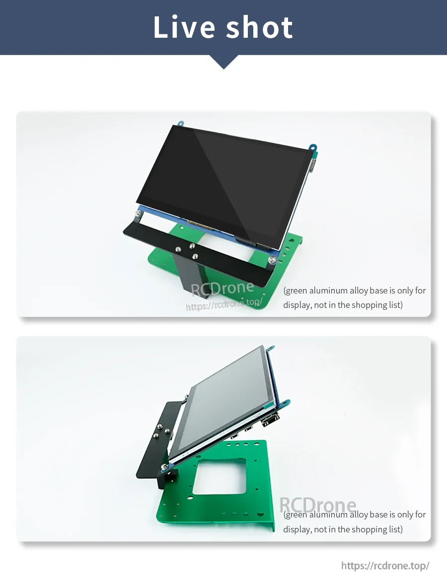 Live angle views of the installed screen stand, showing tilt and support arm on a robot base plate