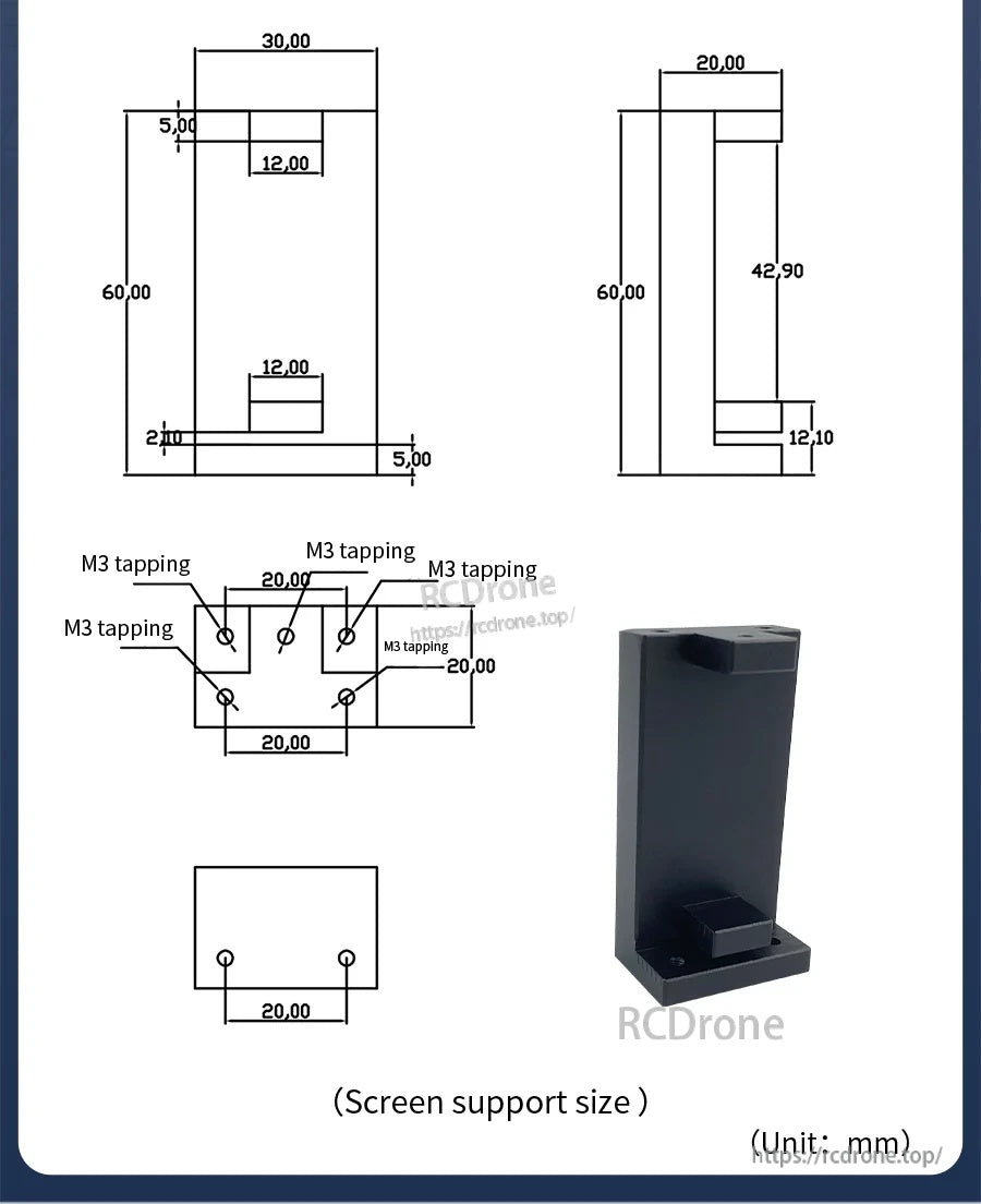 Screen support block size drawing with M3 tapped holes and side profile dimensions in millimeters