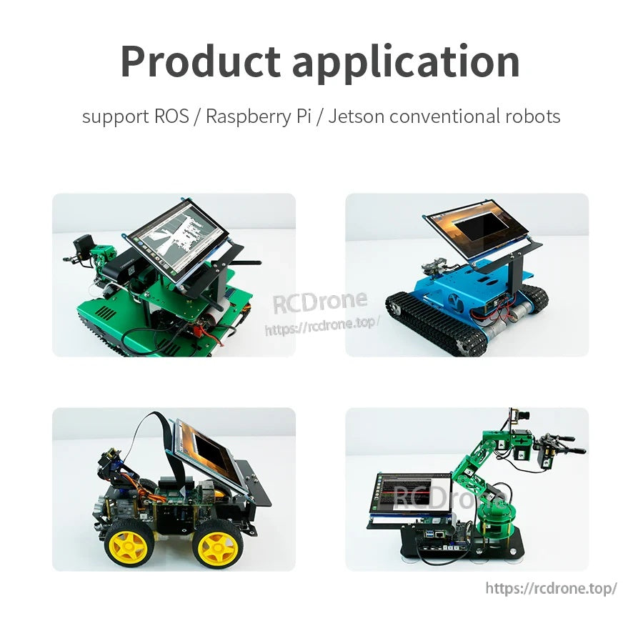 Product application collage of the screen bracket installed on multiple ROS robot and smart car chassis types