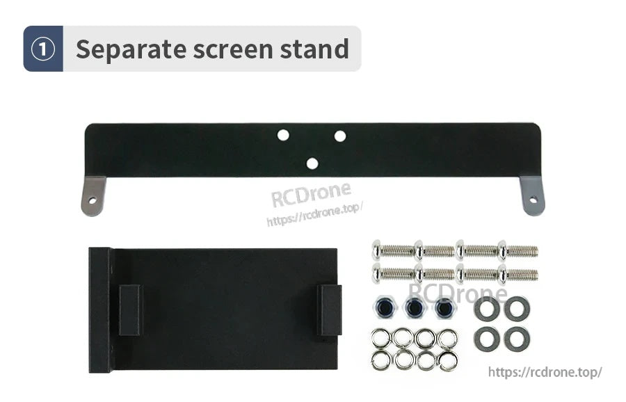 Separate screen stand kit contents: black aluminum bracket pieces with screws, washers, and nuts