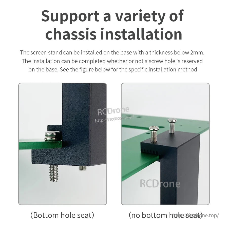 Bracket base installation options for chassis under 2 mm thick, with or without pre-drilled holes