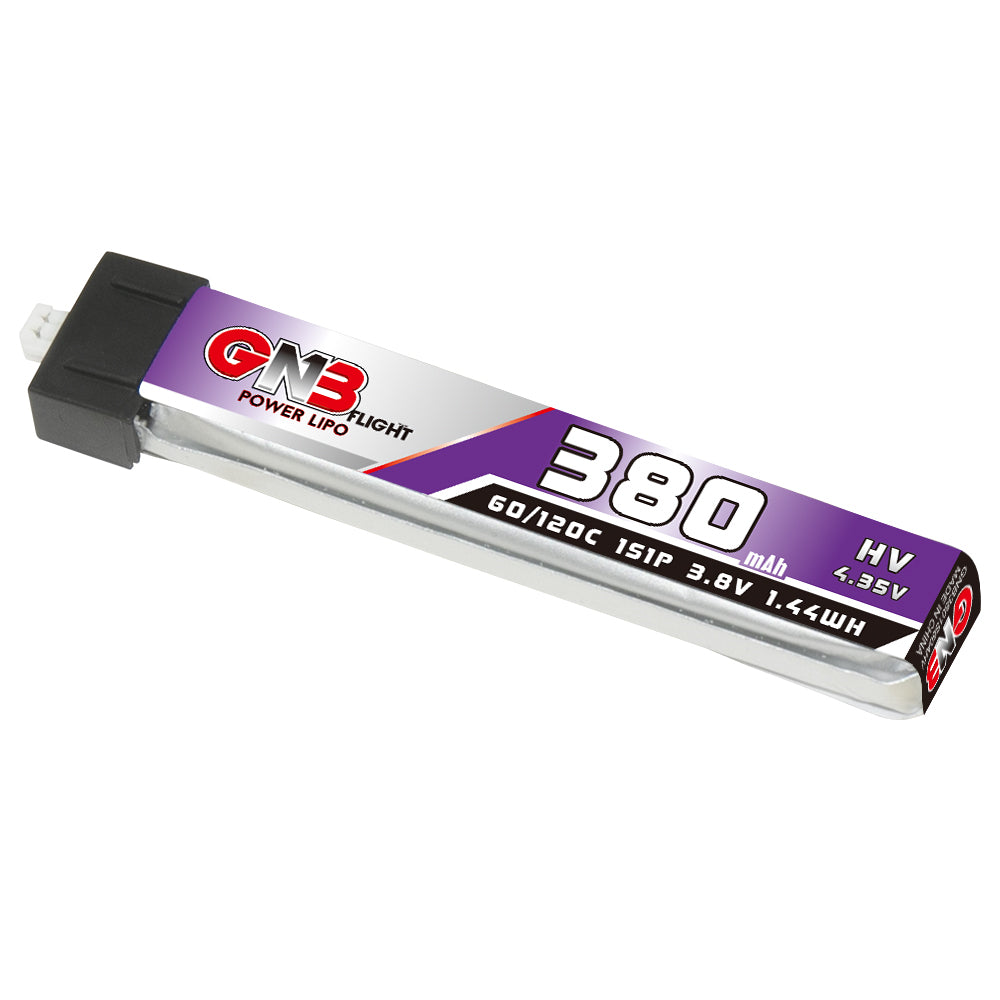 GNB 380mAh 1S LiHV LiPo battery angled view with Molex 1.25 plug