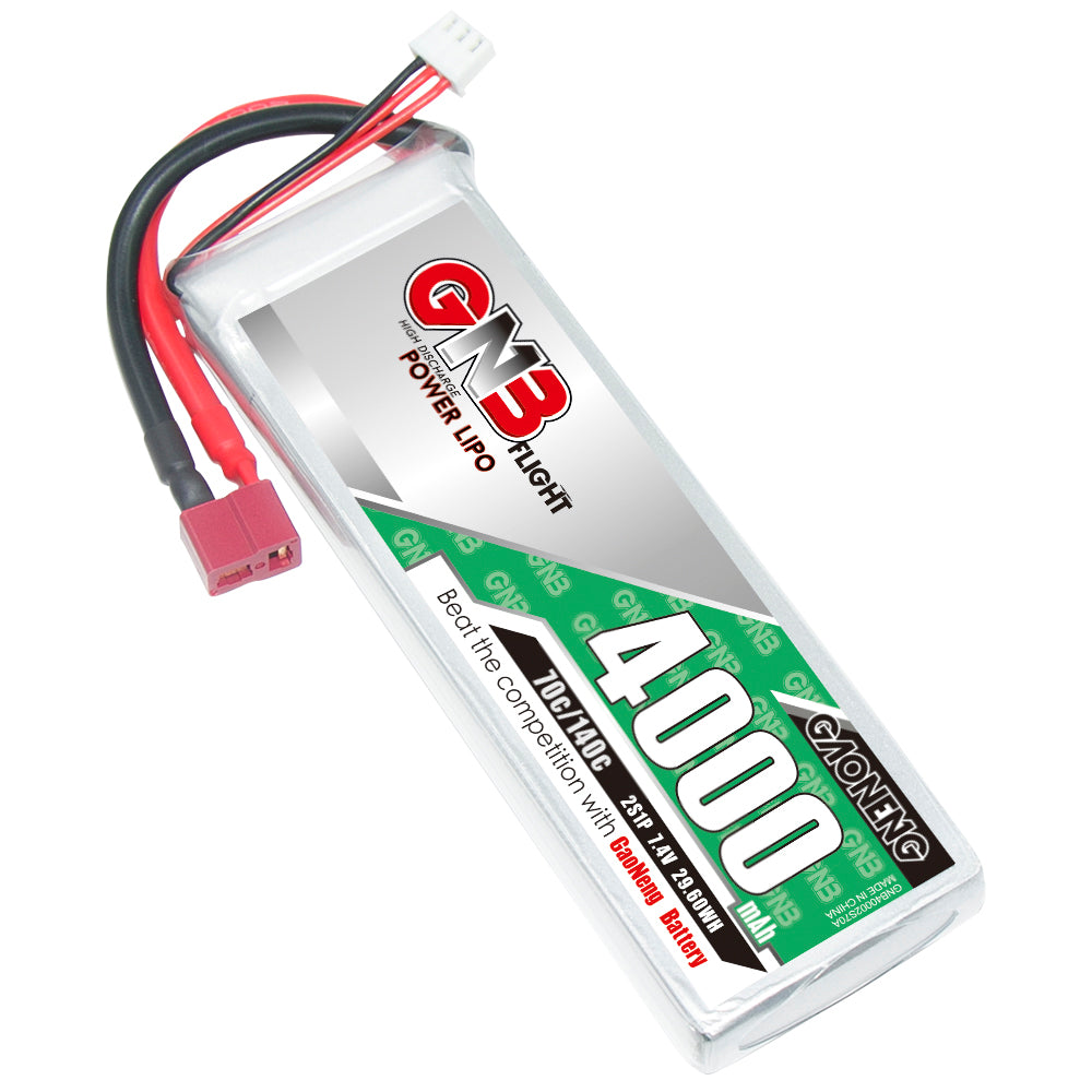 GAONENG GNB 2S 7.4V 4000mAh 70C LiPo Battery angled front view with T-plug and balance lead