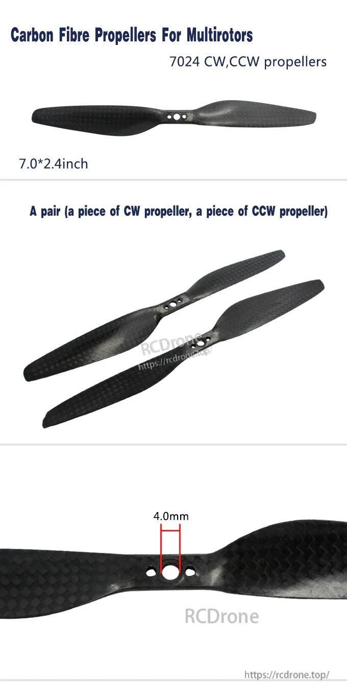 7024 carbon fiber propeller set (CW/CCW) for multirotors, 7.0×2.4 inch blades with 4.0 mm center hole