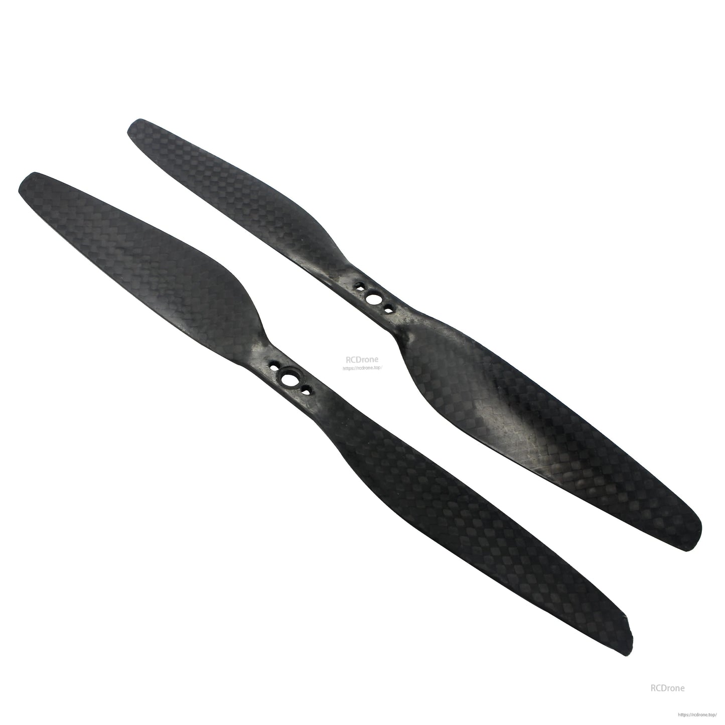 Black carbon fiber propeller pair on white background, showing blade shape and three-hole mounting hubs