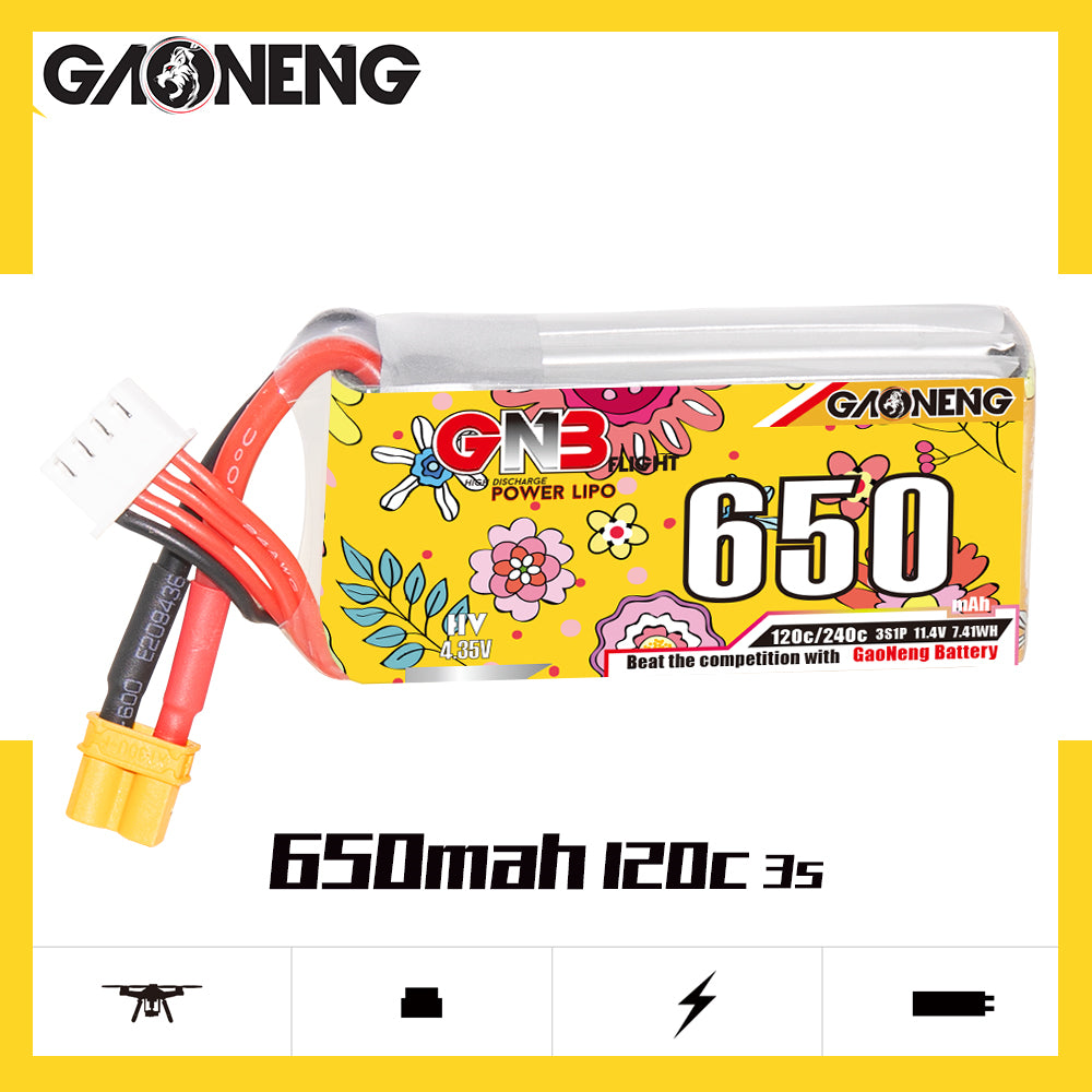 GAONENG GNB650 3S 650mAh 120C LiHV battery side profile with XT30 connector, product graphic