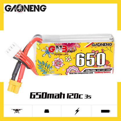 GAONENG GNB650 3S 650mAh 120C LiHV battery side profile with XT30 connector, product graphic