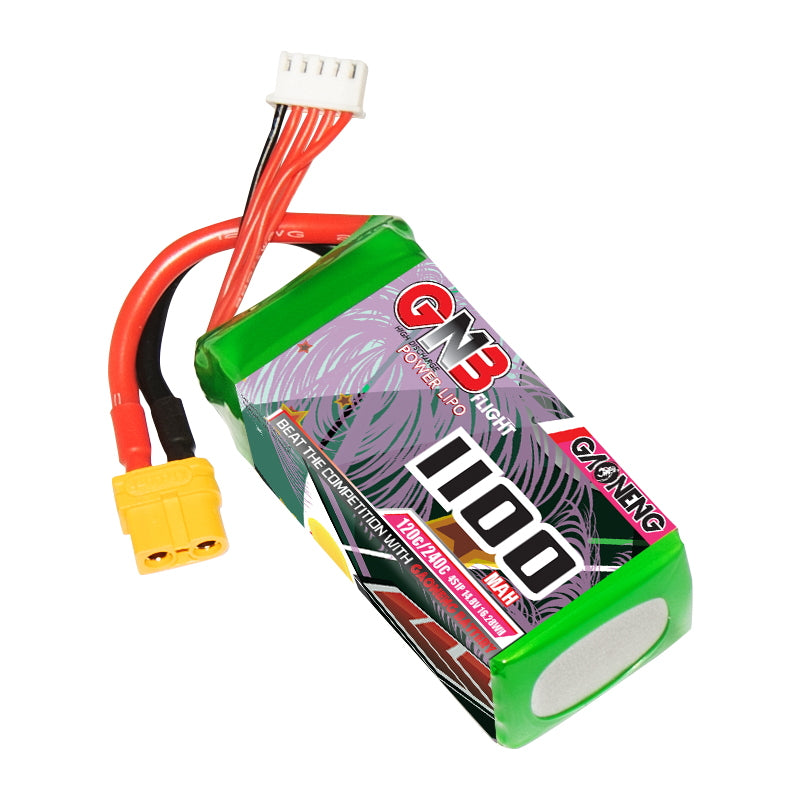 Angled view of single GNB 1100mAh 4S LiPo pack showing XT60 connector and white balance plug