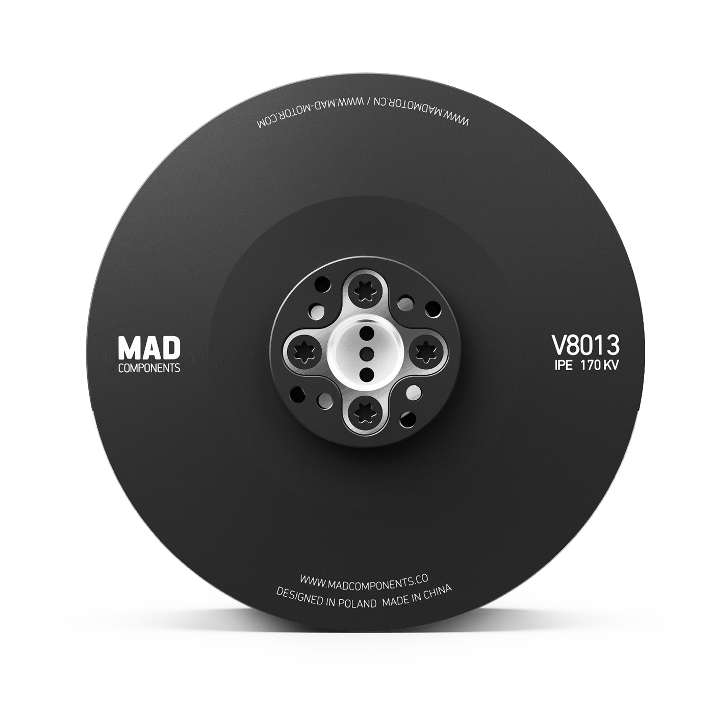 MAD V8013 IPE eVTOL Drone Motor, MAD V8013 IPE drone motor front view with hub mounting holes, labeled V8013 IPE 170KV