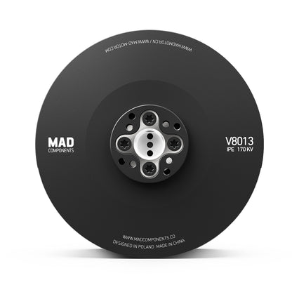 MAD V8013 IPE eVTOL Drone Motor, MAD V8013 IPE drone motor front view with hub mounting holes, labeled V8013 IPE 170KV