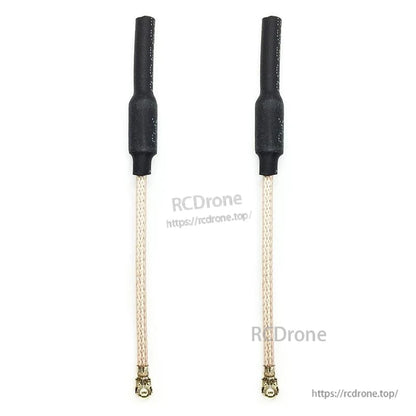 Two 70mm 5.8GHz linear omni FPV antennas with U.FL/IPEX connectors, front view on white background
