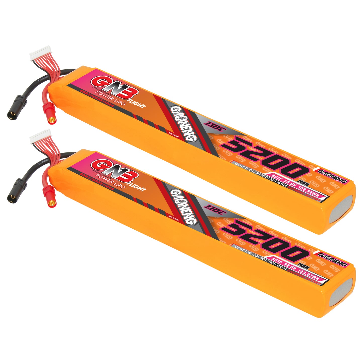 Two GAONENG GNB 8S 5200mAh 110C LiPo batteries shown side by side with leads and connectors