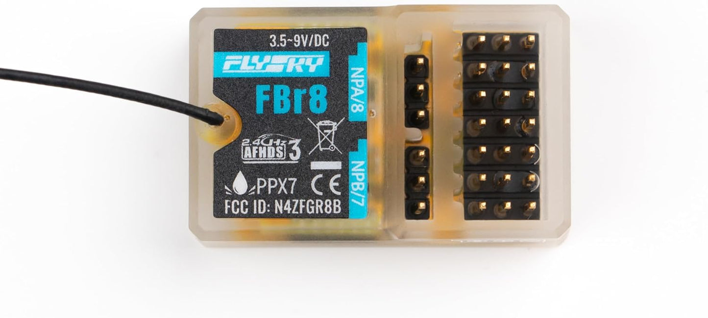 Flysky FBr8 8CH AFHDS 3 waterproof receiver top view with label and 8-channel pin header