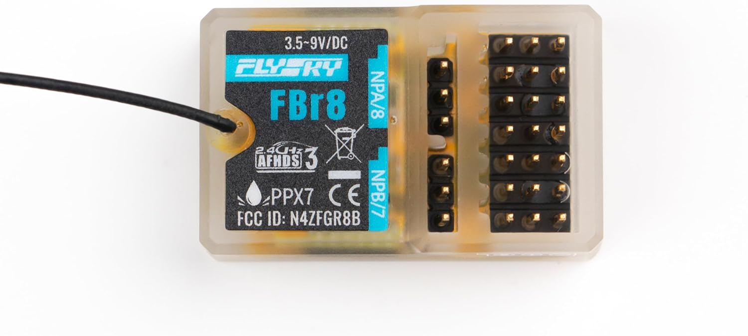 Flysky FBr8 8CH AFHDS 3 waterproof receiver top view with label and 8-channel pin header