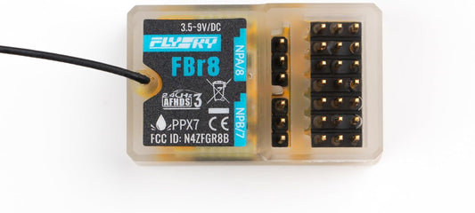 Flysky FBr8 8CH AFHDS 3 waterproof receiver top view with label and 8-channel pin header