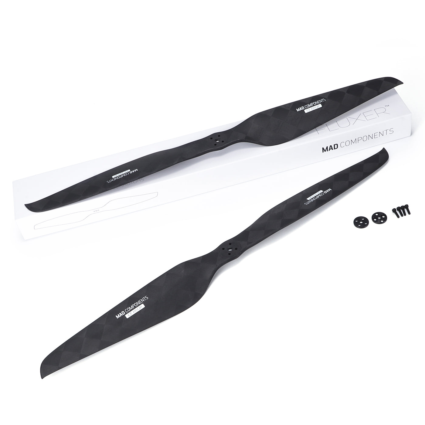 MAD Components CB2 42x14-inch carbon fiber drone propeller pair with mounting hardware and box