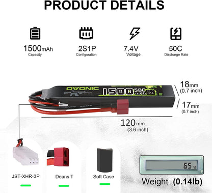Ovonic 7.4V 1500mAh 2S1P 50C LiPo battery product details with size, weight, Deans T and JST-XHR-3P leads