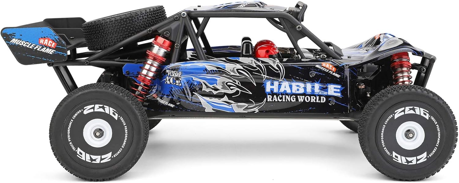Wltoys 124018 RC Car, Wltoys 124018 RC car: 1/12 scale, 60km/h, 4WD off-road buggy with alloy chassis, drift capabilities, Muscle Flame design, HABILE Racing World, ZC16 tires.