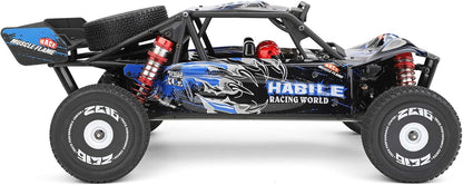 Wltoys 124018 RC Car, Wltoys 124018 RC car: 1/12 scale, 60km/h, 4WD off-road buggy with alloy chassis, drift capabilities, Muscle Flame design, HABILE Racing World, ZC16 tires.