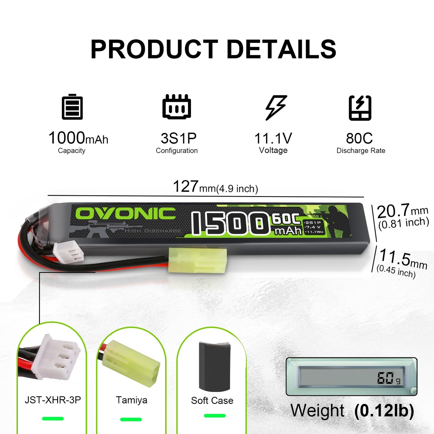 Product details infographic showing battery dimensions, weight, and connector types (Tamiya, JST-XH)