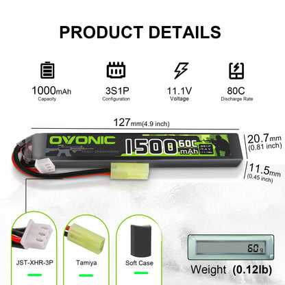 Product details infographic showing battery dimensions, weight, and connector types (Tamiya, JST-XH)