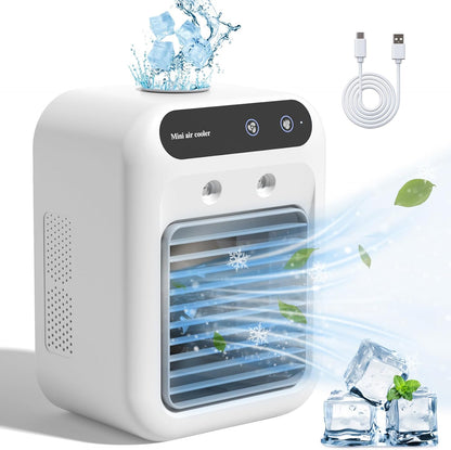 L7 Portable Mini Evaporative Air Cooler with 500ml Water Tank, Dual Mist Nozzles, 2 Speeds, USB Rechargeable 1800mAh Desktop Cooling Fan