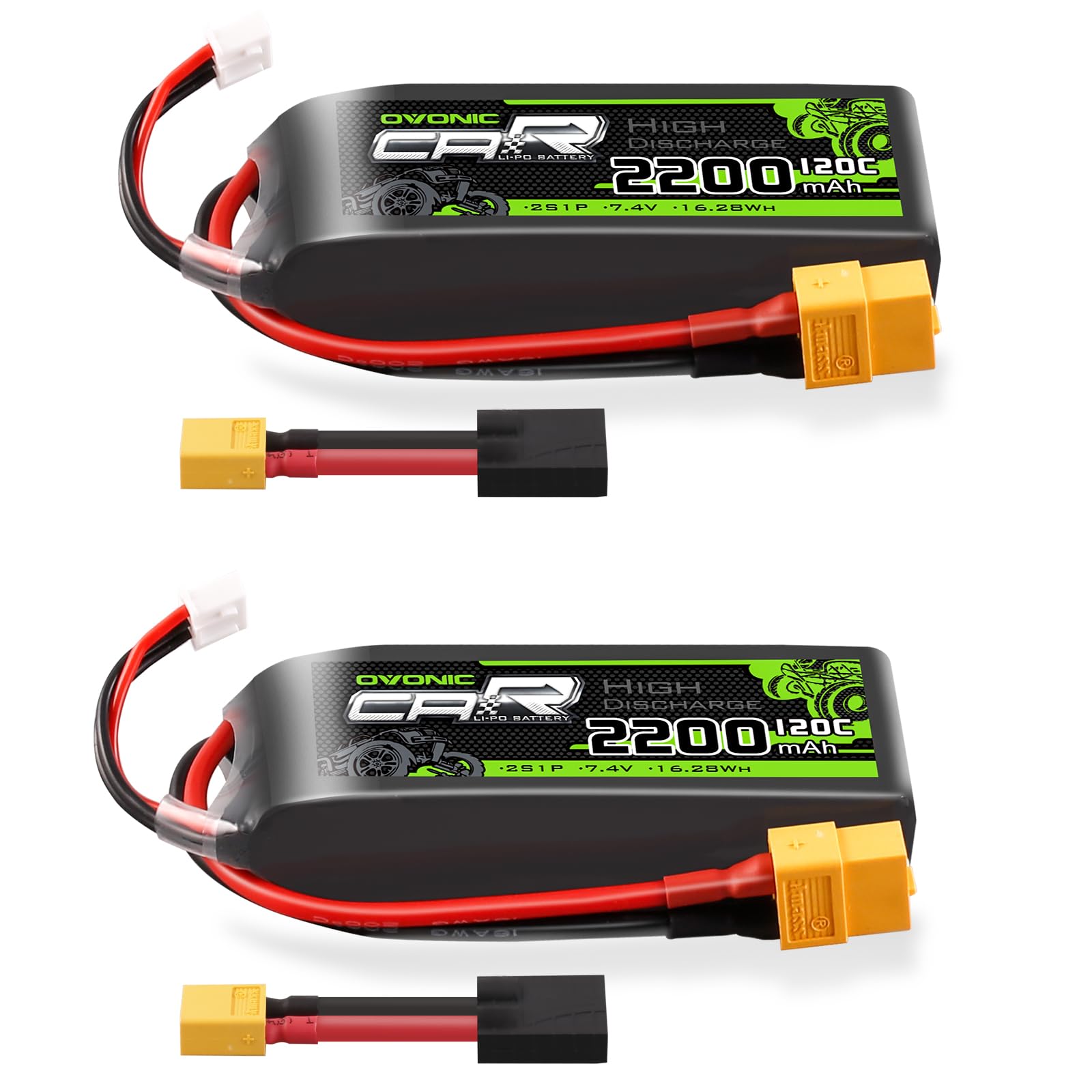 Ovonic 2S 7.4V 2200mAh 120C LiPo battery pack set with XT60 plug, balance lead and adapter cable