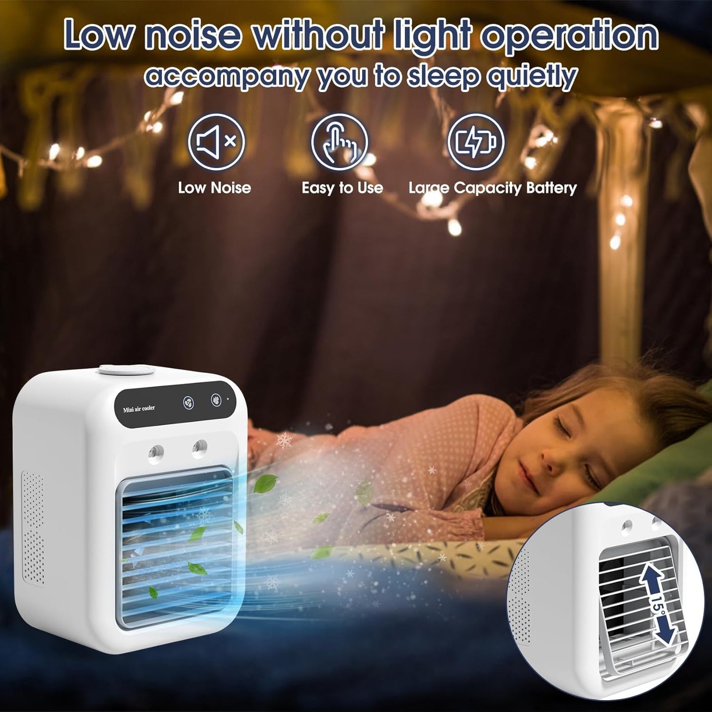 L7 Portable Mini Evaporative Air Cooler with 500ml Water Tank, Dual Mist Nozzles, 2 Speeds, USB Rechargeable 1800mAh Desktop Cooling Fan