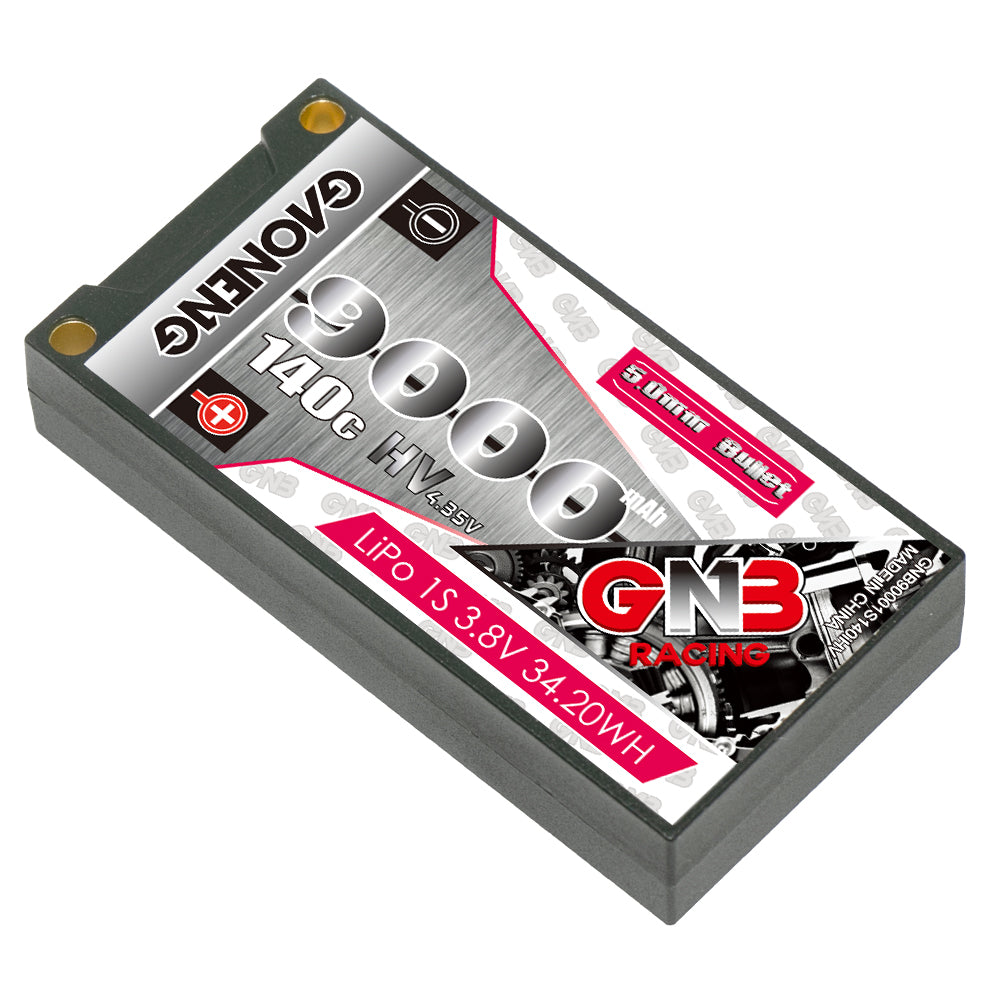 Angled view of GAONENG GNB 9000mAh 1S LiHV 140C hard case LiPo battery, label side
